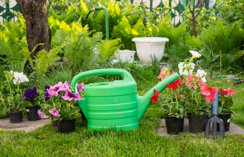 The image displays a garden scene with a neatly maintained grassy lawn bordered by a variety of potted flowers in bloom, including pink, purple, and white blossoms, arranged along the edge of the lawn. In the foreground, there is a bright green watering can with a long spout, positioned among the pots of flowers. Behind the pots, lush green foliage and ferns create a dense background, with glimpses of mature trees and shrubs providing natural shade. Partially visible is a white decorative garden urn or planter, situated among the greenery, adding an ornamental element to the outdoor space. The scene appears to be taken during daylight hours, with natural sunlight illuminating the vibrant colors and textures of the plants and garden accessories. The setting suggests a well-maintained and cared-for front or backyard garden, typical of residential landscaping services in Paddington, highlighting aspects relevant to garden and lawn maintenance, including watering, planting, and general outdoor care by companies like Lawn Mowing Paddington.